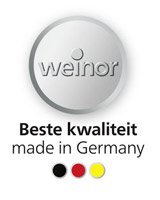 Logo met de woorden 'Beste kwaliteit' en 'made in Germany' in zwart, geel en rood. Dominante kleur: zilver.