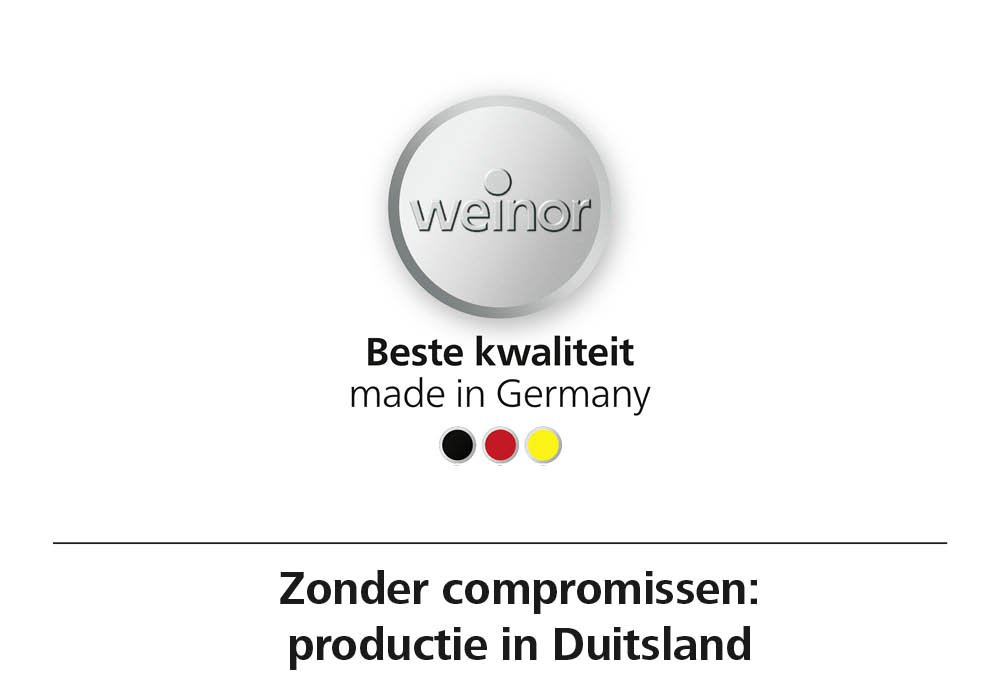 Logo van Weinor met de tekst "Beste kwaliteit made in Germany" en een kleurenschema van zwart, rood en geel. Logo van Weinor met de tekst "Beste kwaliteit made in Germany" en een kleurenschema van zwart, rood en geel.