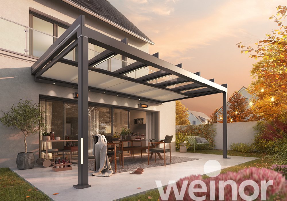 Terrasoverkapping van glas weinor Terrazza Pure met kleur-ledverlichting, met sierlijsten