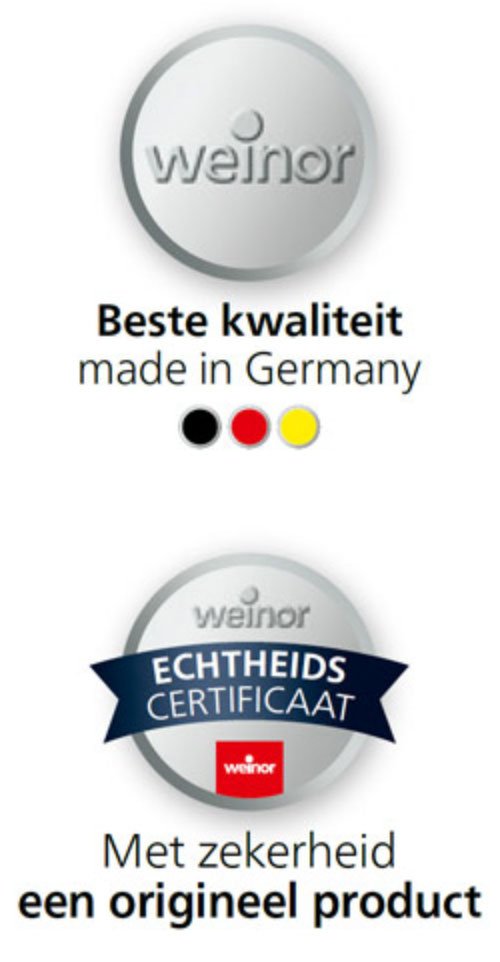 Logo met tekst over kwaliteit en echtheid, met grijze en witte elementen.